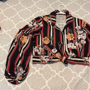 Floral striped blouse with bishop sleeves